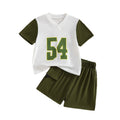 kids' summer outfit: letter print military green patchwork t-shirt and shorts set - unisex sporty two-piece