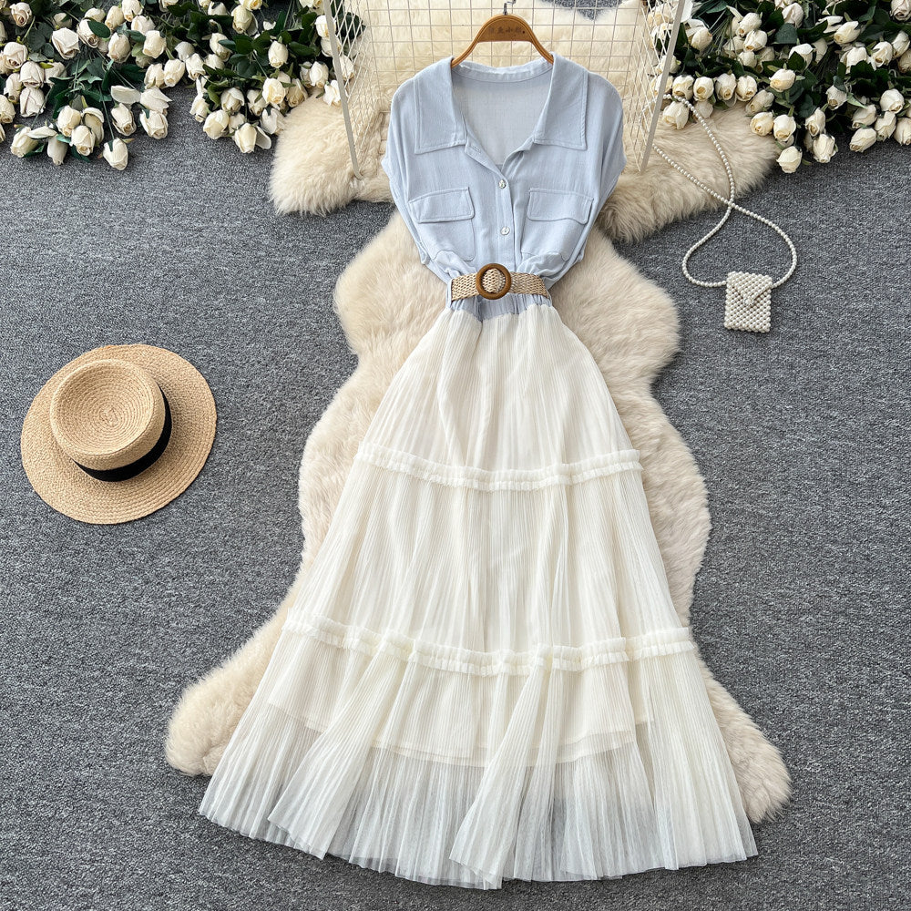 French white shirt patchwork a-line cake dress - summer slimming, waist-defining, commute-ready, elegant style