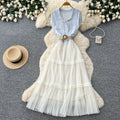 French white shirt patchwork a-line cake dress - summer slimming, waist-defining, commute-ready, elegant style