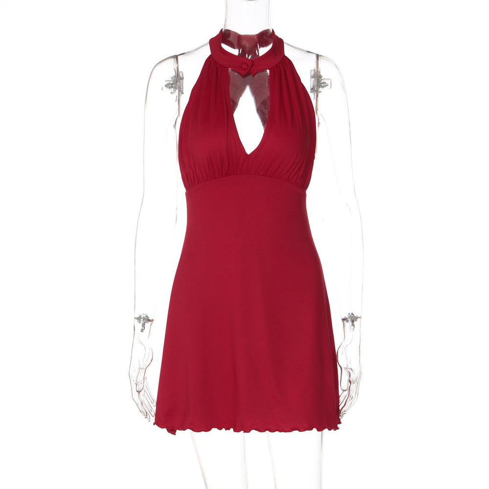 European and american women's clothing  spring new arrivals: sexy halter neck button-down low-cut backless cutout halter ruffle hem dress wholesale