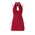 European and american women's clothing  spring new arrivals: sexy halter neck button-down low-cut backless cutout halter ruffle hem dress wholesale