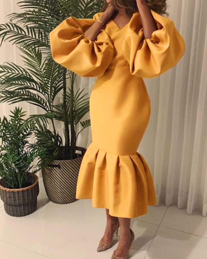 D115 cross-border sourcing: african plus-size women's fashion - solid color v-neck bubble sleeve fishtail dress, european and american style evening gown