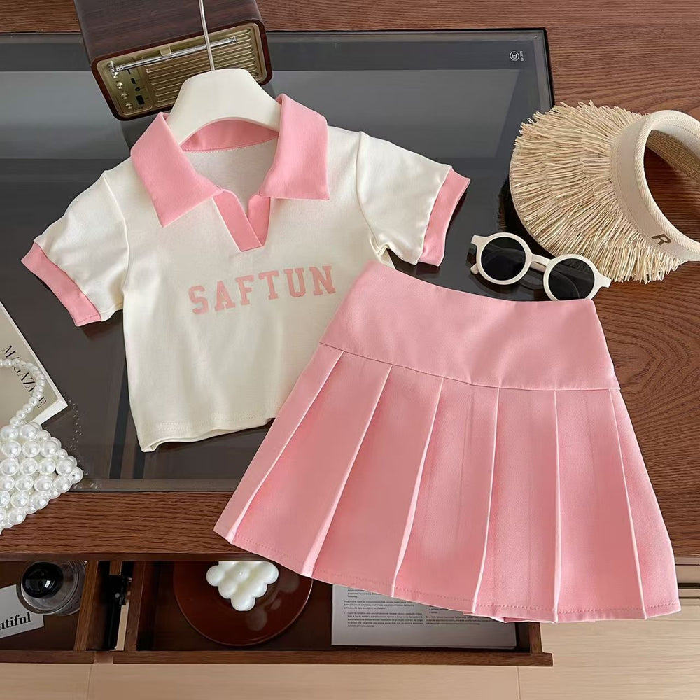 Girls' summer outfit set  new children's short-sleeve t-shirt pleated skirt two-piece set baby girl skort