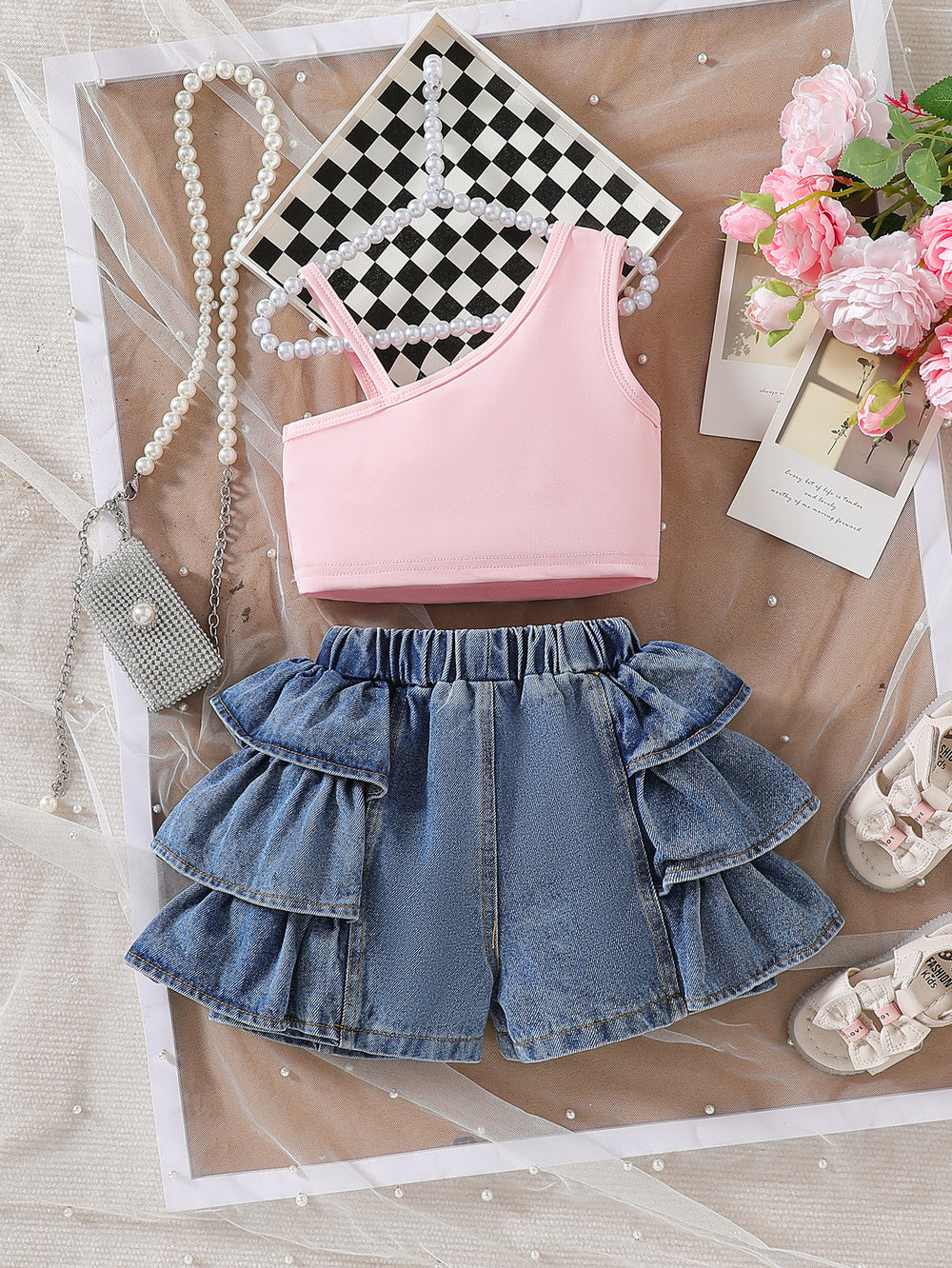 cross-border girls' bowknot solid color camisole top + ruffle hem denim shorts two-piece set