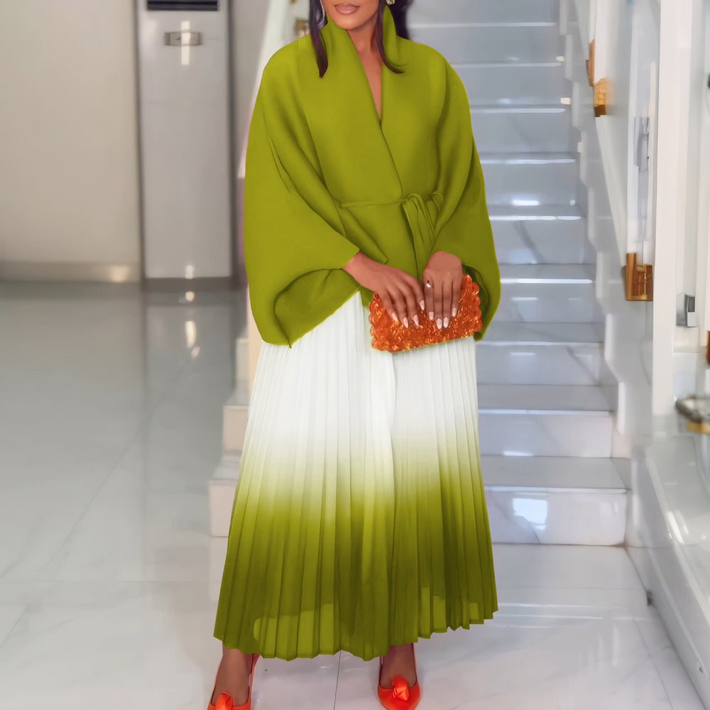 C8610 african plus size women's spring new fashion tie-up batwing sleeve top and gradient color midi skirt two-piece set