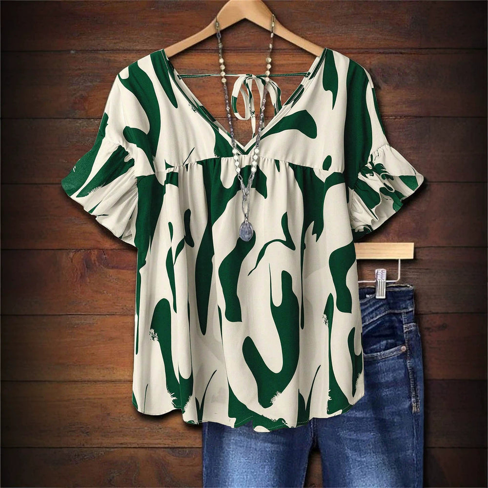 European and american casual women's blouse - abstract graffiti print, v-neck, ruffle sleeves, tie-back, loose fit pullover shirt