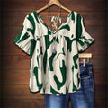 European and american casual women's blouse - abstract graffiti print, v-neck, ruffle sleeves, tie-back, loose fit pullover shirt