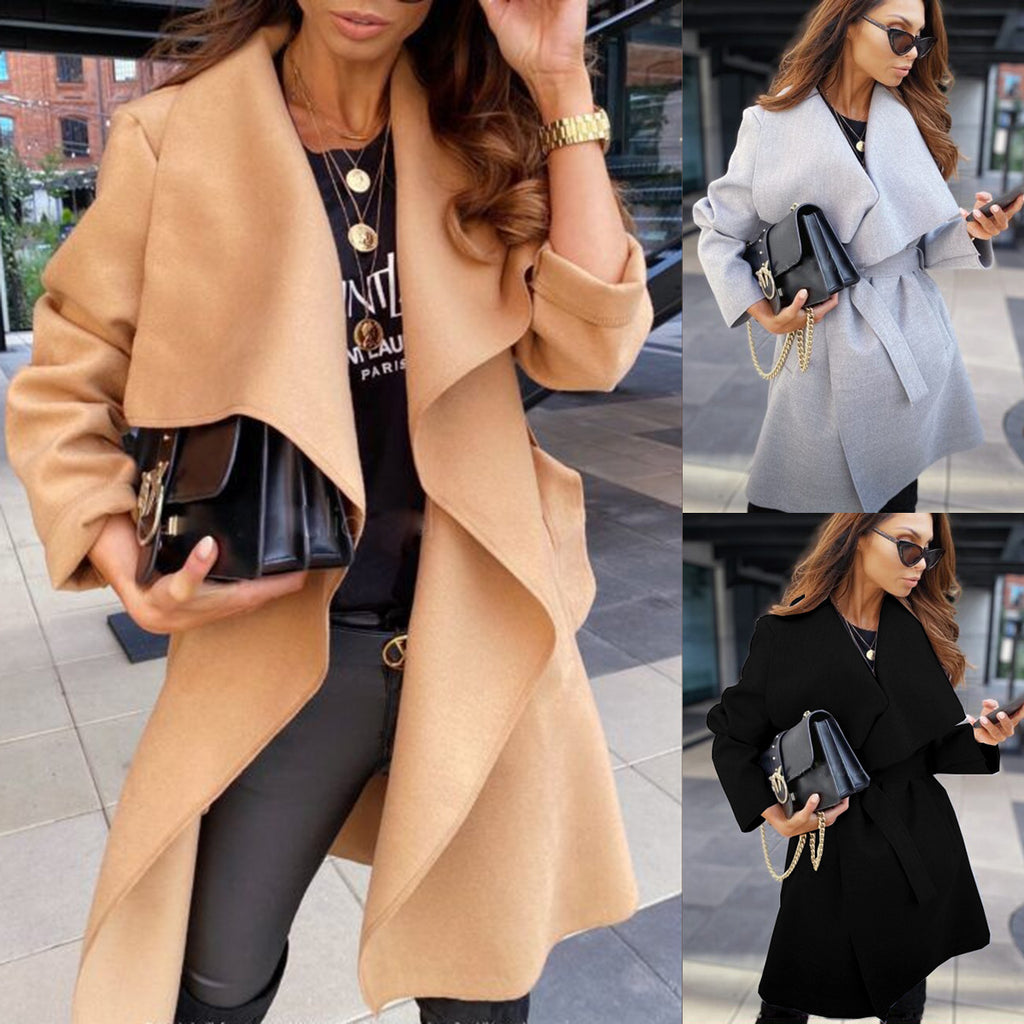 European and American  women  2024 winter new solid color long-sleeved strap coat cardigan loose woolen coat