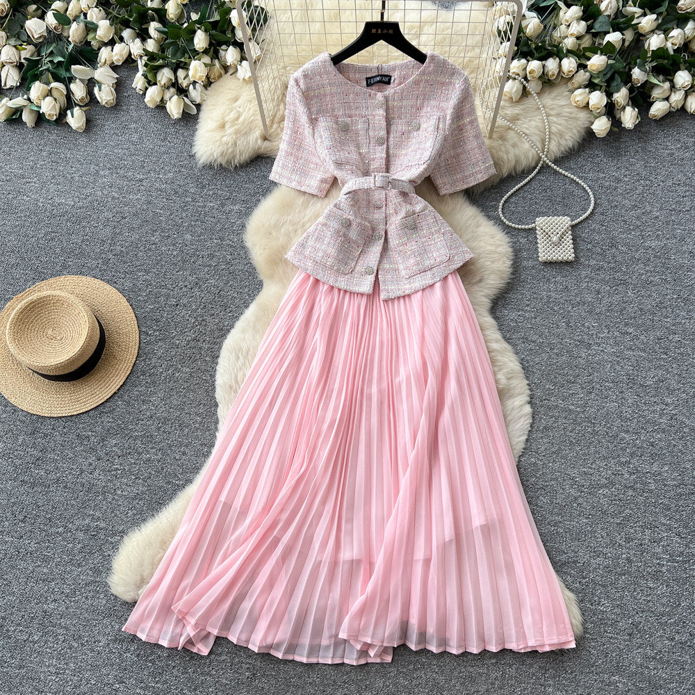 Xiaoxiangfengsequin round neck pleatedpatchworkdress women's summerclassy waist slimming lookpleated long skirt work clothing