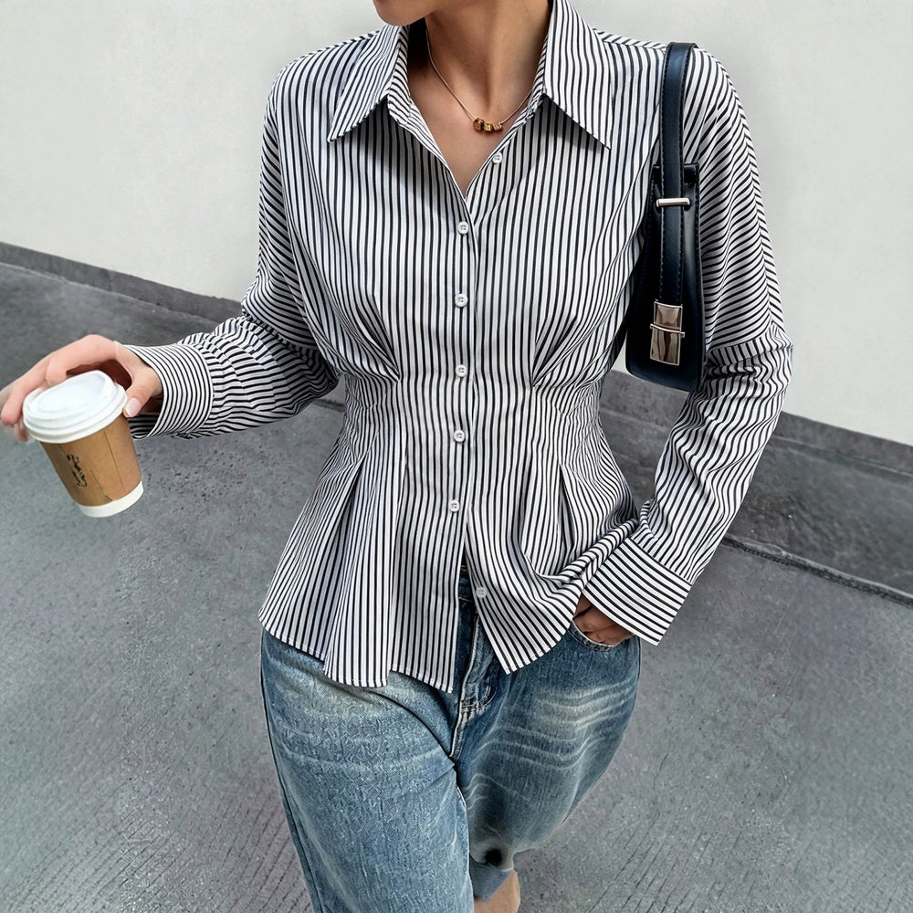 Women's slim-fit shirred waist vertical stripe long sleeve blouse - wholesale