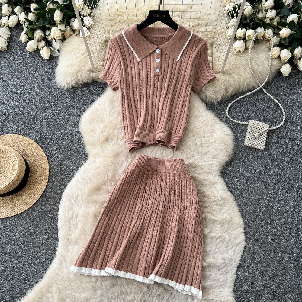 Preppy style polo collar knittingtwo-piece set female summerwork clothing styleslimming look short-sleeved topselegant skirt suit