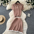 Preppy style polo collar knittingtwo-piece set female summerwork clothing styleslimming look short-sleeved topselegant skirt suit