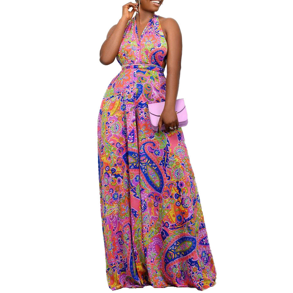 C8487 cross-border women's clothing  new european and american printing halter multi-wear beach african large size foreign trade jumpsuit