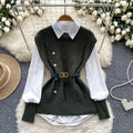 Layered shirt vest women's autumn two-piece set fashioneasiest for match sleeveless cable stitchknitting vest with long sleeves shirt