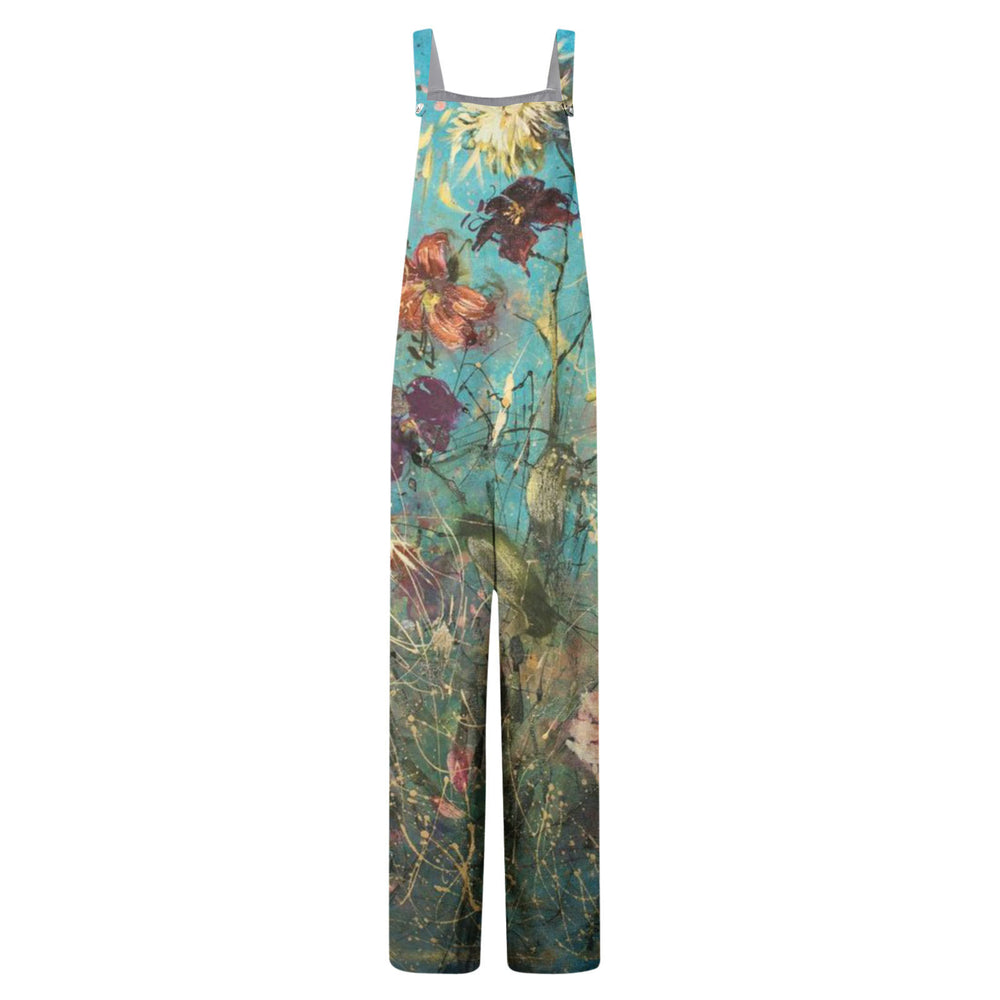 bamboo linen print fashion cami one-shoulder loose fit sleeveless harem jumpsuit casual pants