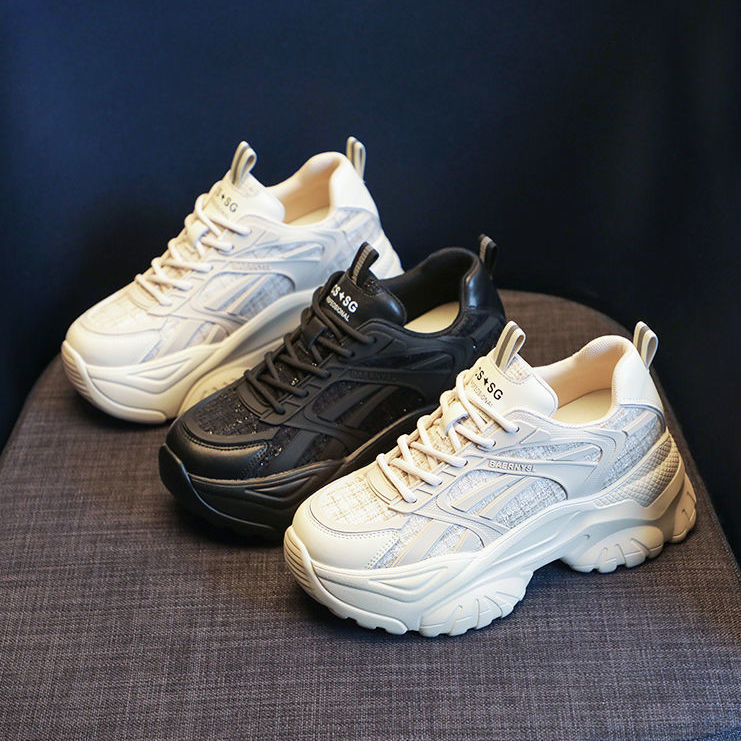 Dad shoes for women, new spring and autumn 2026 collection, black, versatile thick-soled sneakers for students, trendy and casual athletic shoes