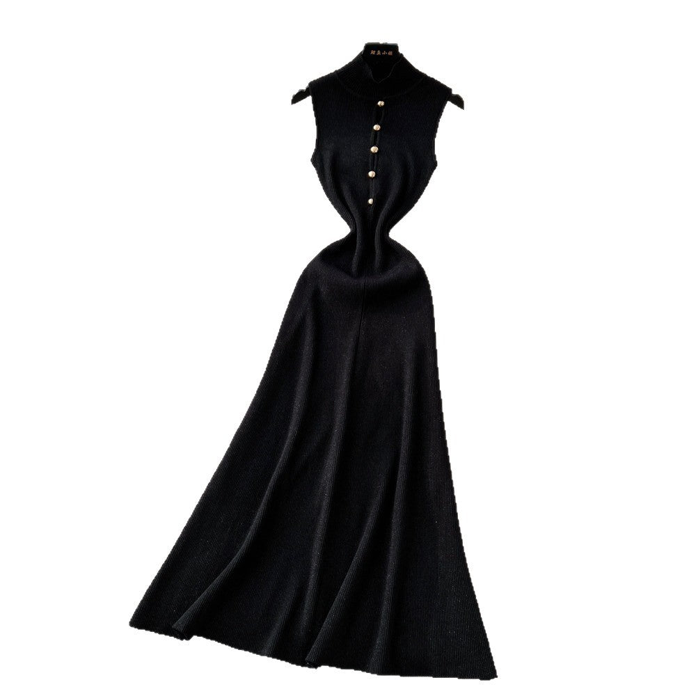 Classysense normcore style elegantcut out metal button half turtle collar dress women's fall and winterelegance bottom knitting long skirt
