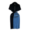Chic hong kong style retro denim dress - women's designer color block slim fit midi dress with short sleeves - elegant and stylish