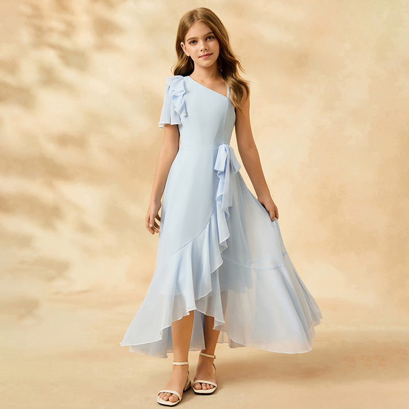 Custom-made european-style chiffon sundress for girls, perfect for export. this flowy and fresh dress features a minimalist design with short sleeves