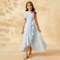 Custom-made european-style chiffon sundress for girls, perfect for export. this flowy and fresh dress features a minimalist design with short sleeves
