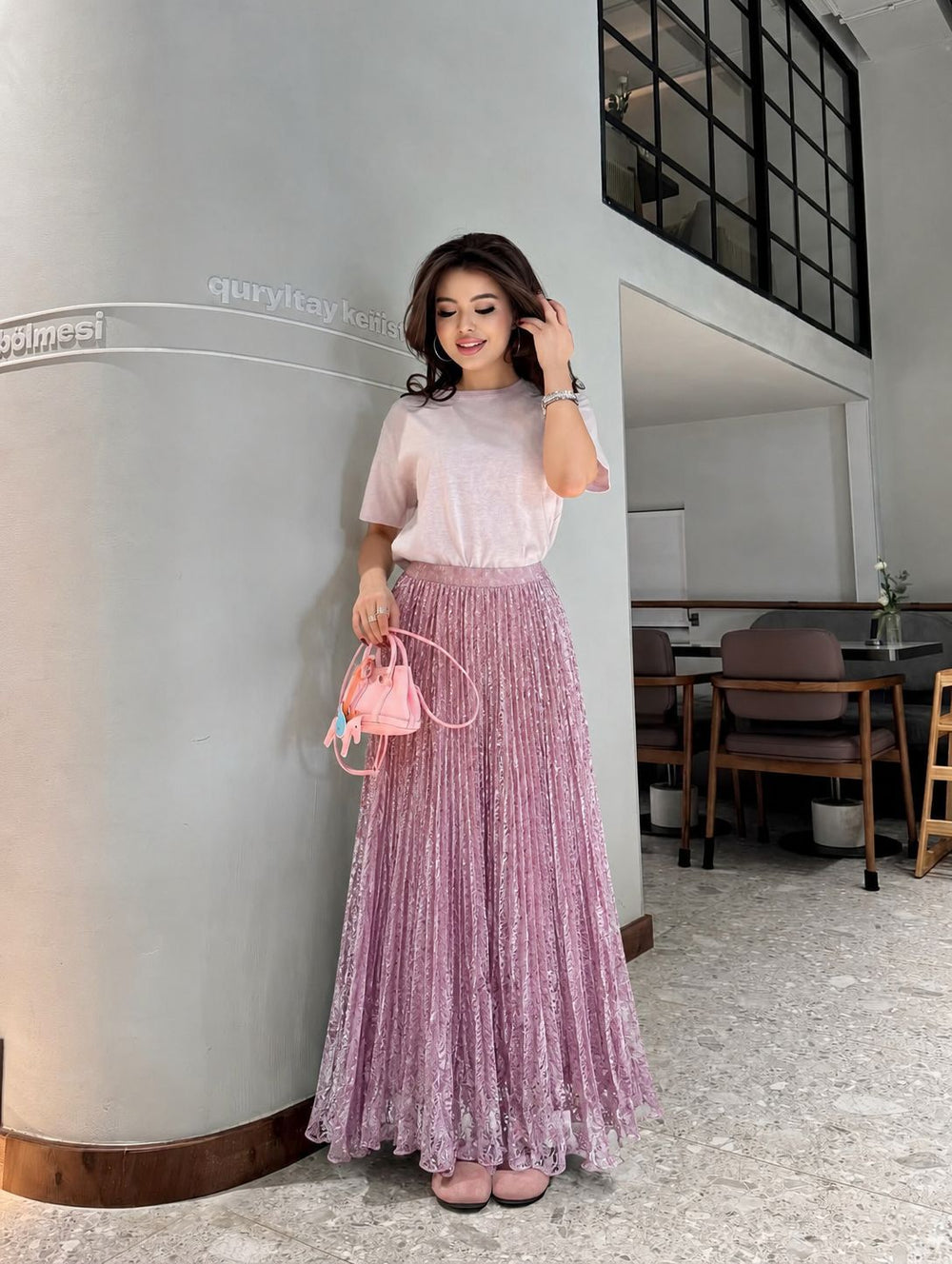 Fashionexport cross-border fashion high waistsweetlacepleated skirt long skirt a-line skirt slimming lookeasiest for matchwork clothing