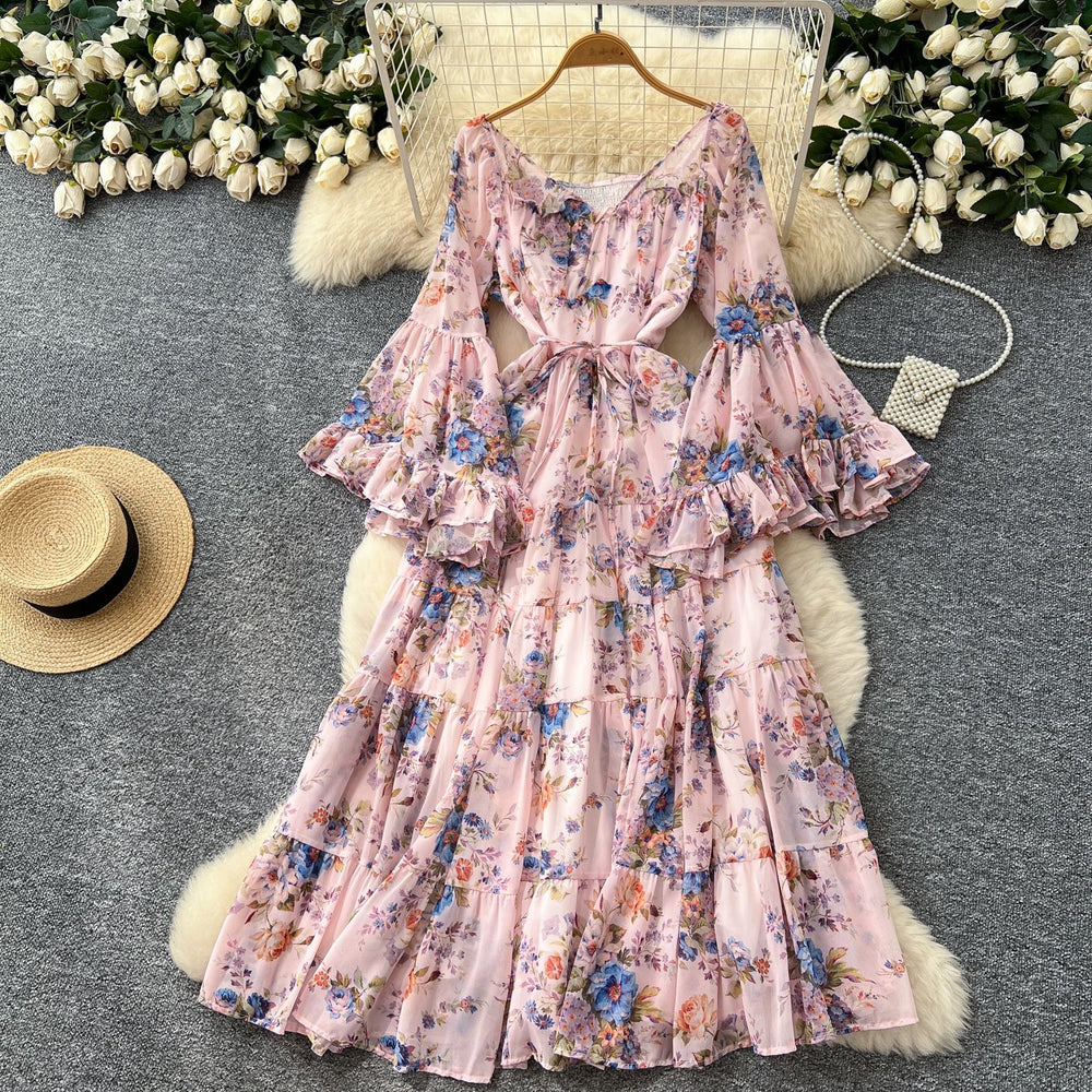 French chic one-shoulder flared sleeve tie-waist floral chiffon dress - women's autumn ruffle maxi dress