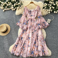 French chic one-shoulder flared sleeve tie-waist floral chiffon dress - women's autumn ruffle maxi dress