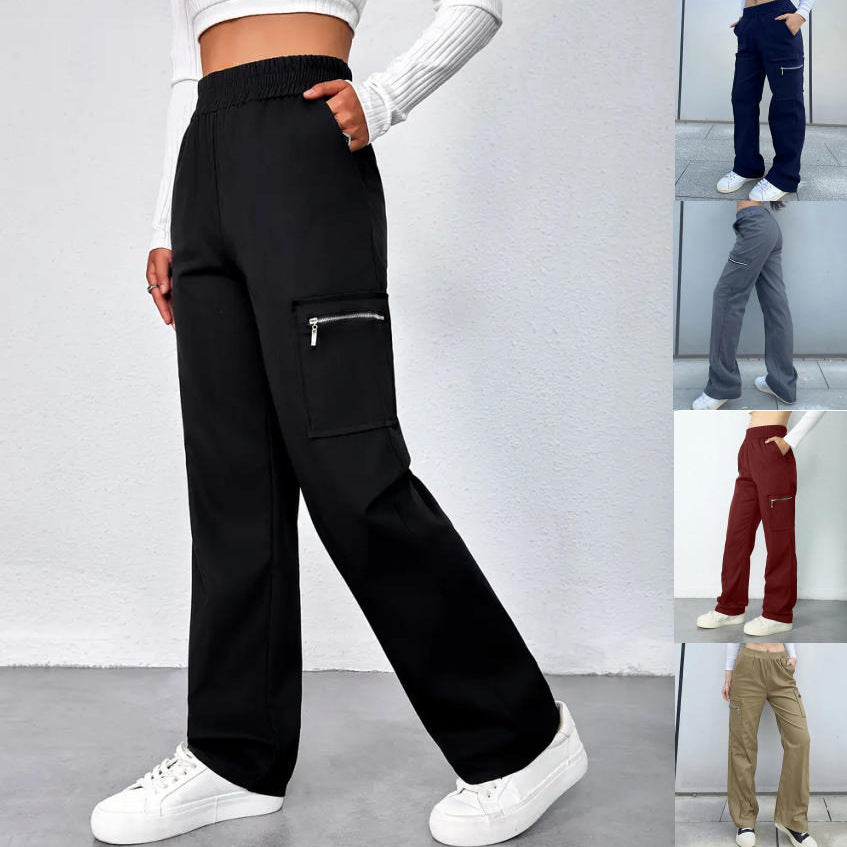 Ready-to-ship  spring/summer new arrival: trendy high-waisted cargo pants with zipper pockets, street style straight-leg casual trousers