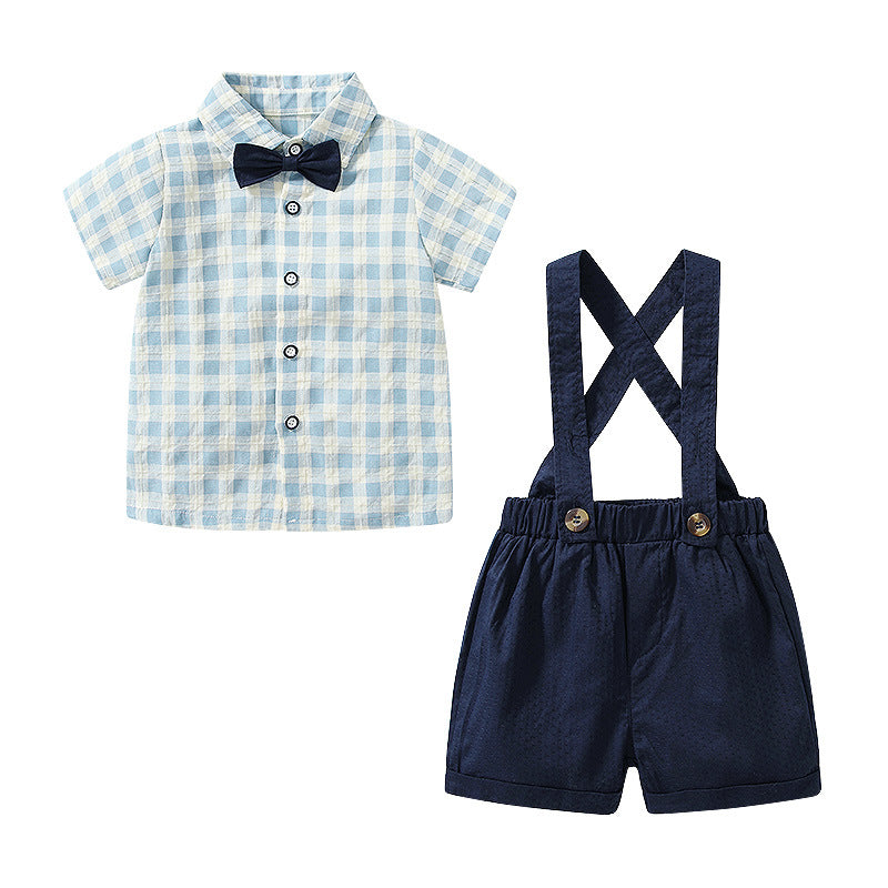 Boys' summer  new korean style plaid short-sleeve overalls thin two-piece set, class a cotton toddler outfit