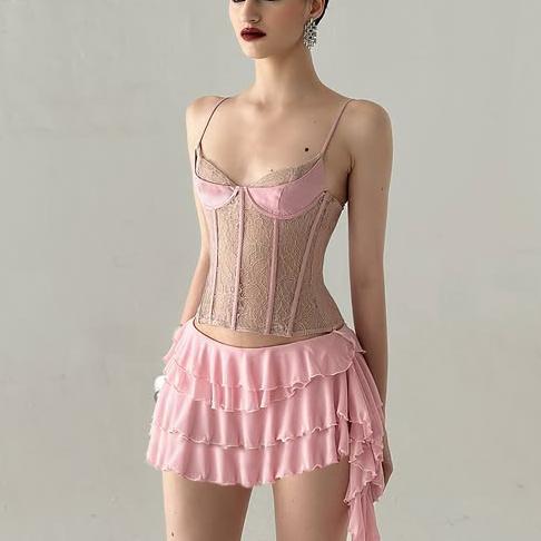 Holiday style irregular streamer mesh skirt splicing lace perspective sexy pure desire suspender set two-piece set