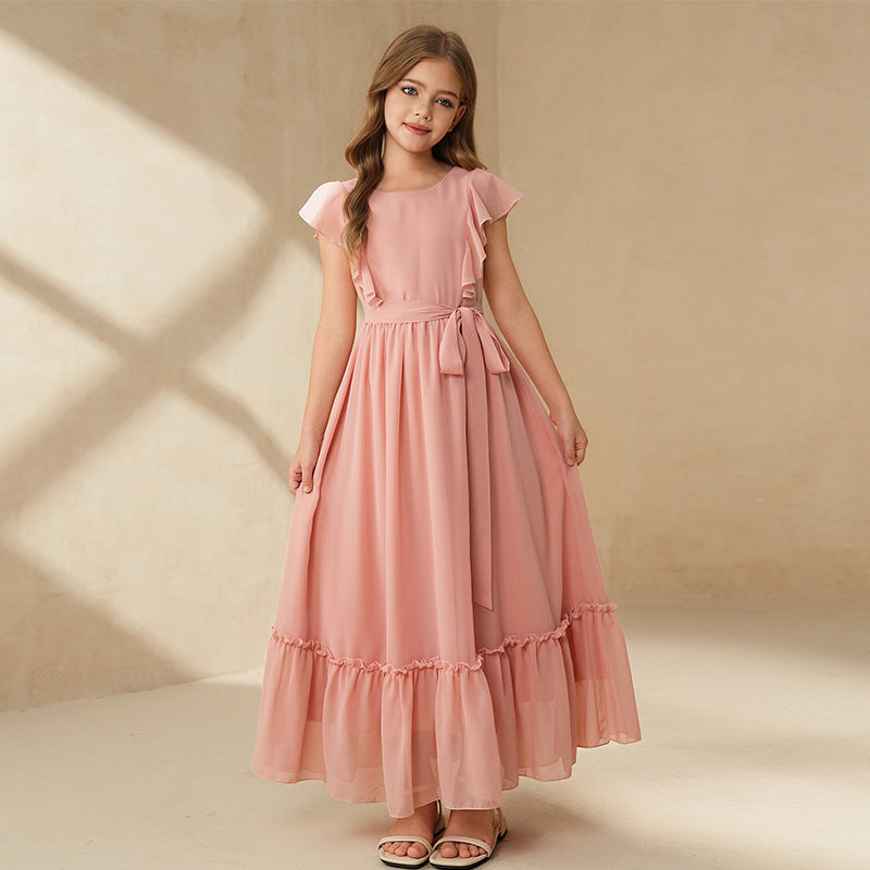 European and american cross-border teen girls' clothing  new arrival: elegant ruffle trim round neck cinched waist long french style dress