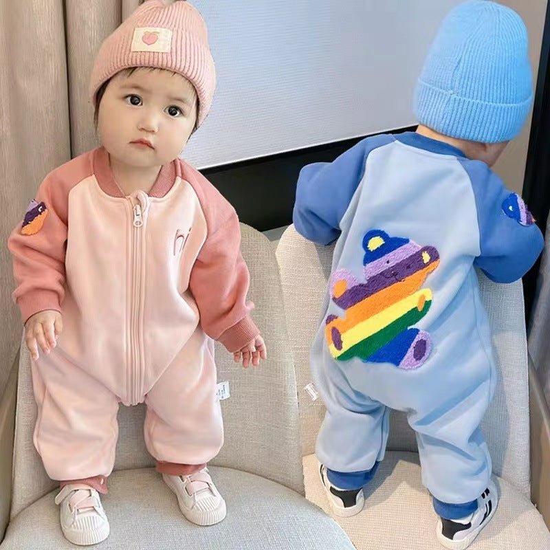 Baby spring romper - versatile princess style, perfect for spring and autumn. girls' colorful bear single-layer bodysuit/rouge. trendy crawling suit