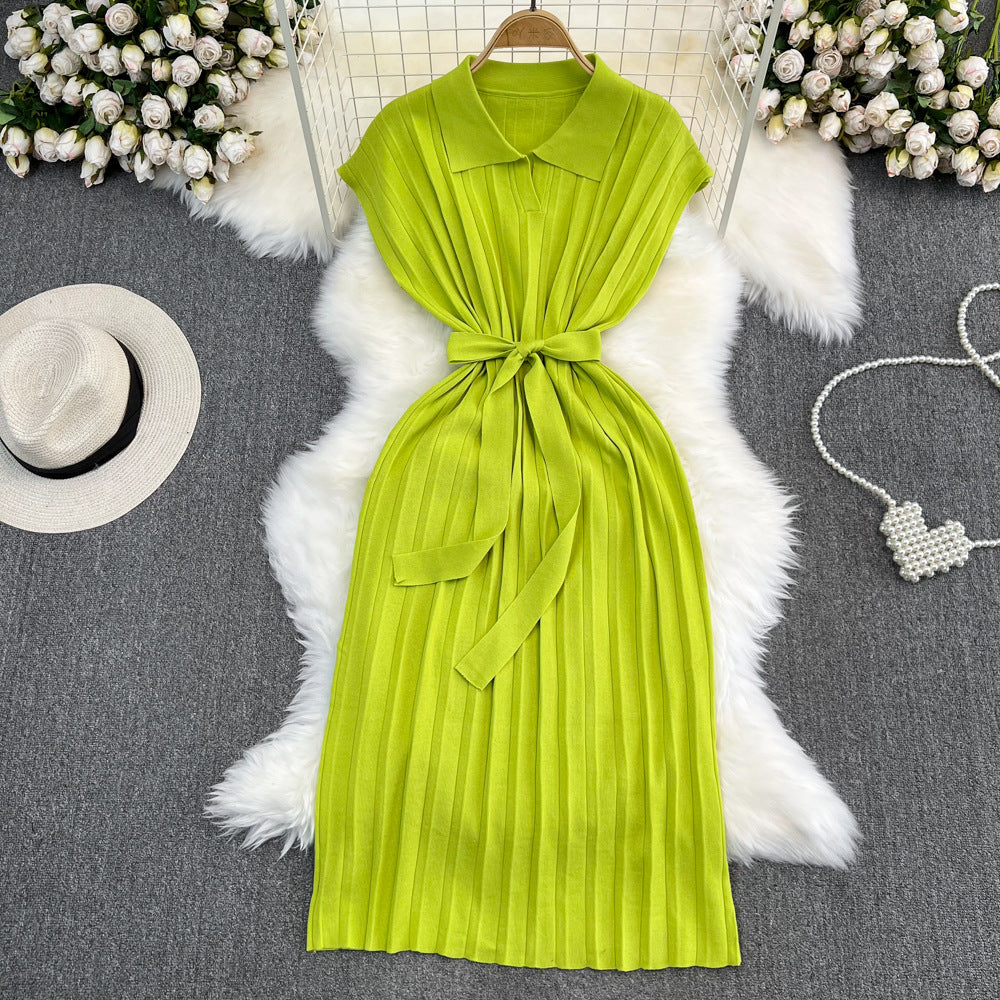 summer french retro chic polo collar loose fit waist tie a-line knit maxi dress