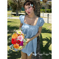 European and american women's clothing  spring new french court sweet girly style square neck puff sleeve loose dress