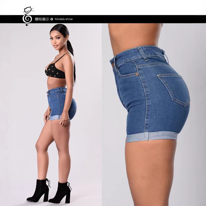 e-commerce   european and american new summer women's denim shorts sexy high-waisted rolled hem hot pants