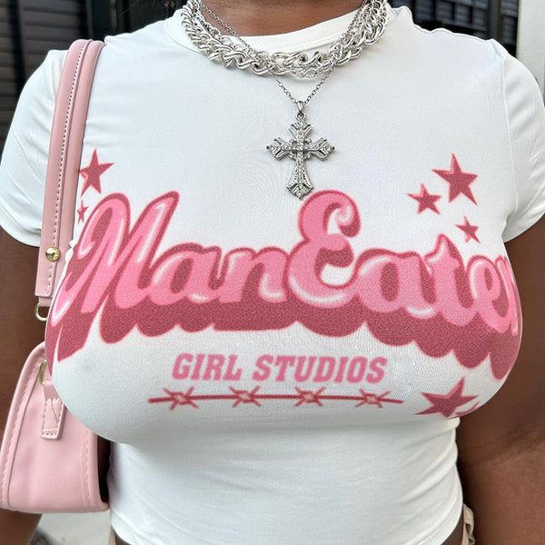 2024 Crew Neck Letter Printed Short Sleeve T-Shirt Female Spice Girls European and American Summer Slim Short Top Exposed Navel Short