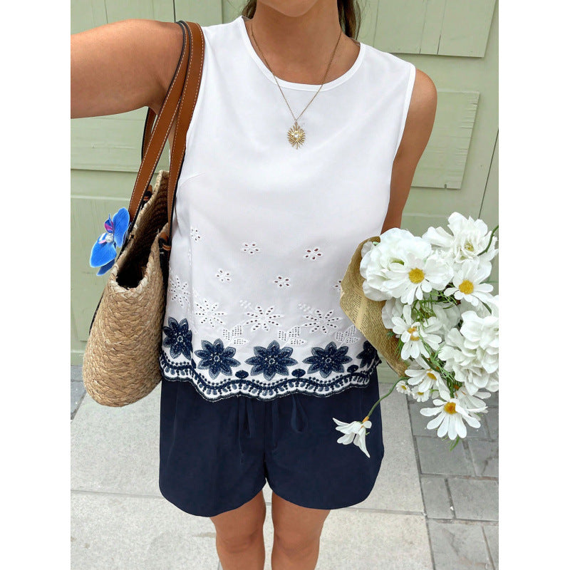 Women's embroidered cutout crew neck sleeveless tank top and casual shorts set, loose-fit summer outfit for everyday wear