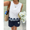 Women's embroidered cutout crew neck sleeveless tank top and casual shorts set, loose-fit summer outfit for everyday wear