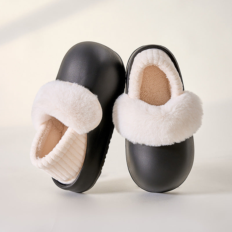 Waterproof, removable, and washable cotton slippers - winter anti-slip, warm, fleece-lined, thick-soled slippers for home wear, women's bread-shaped slippers, postpartum shoes