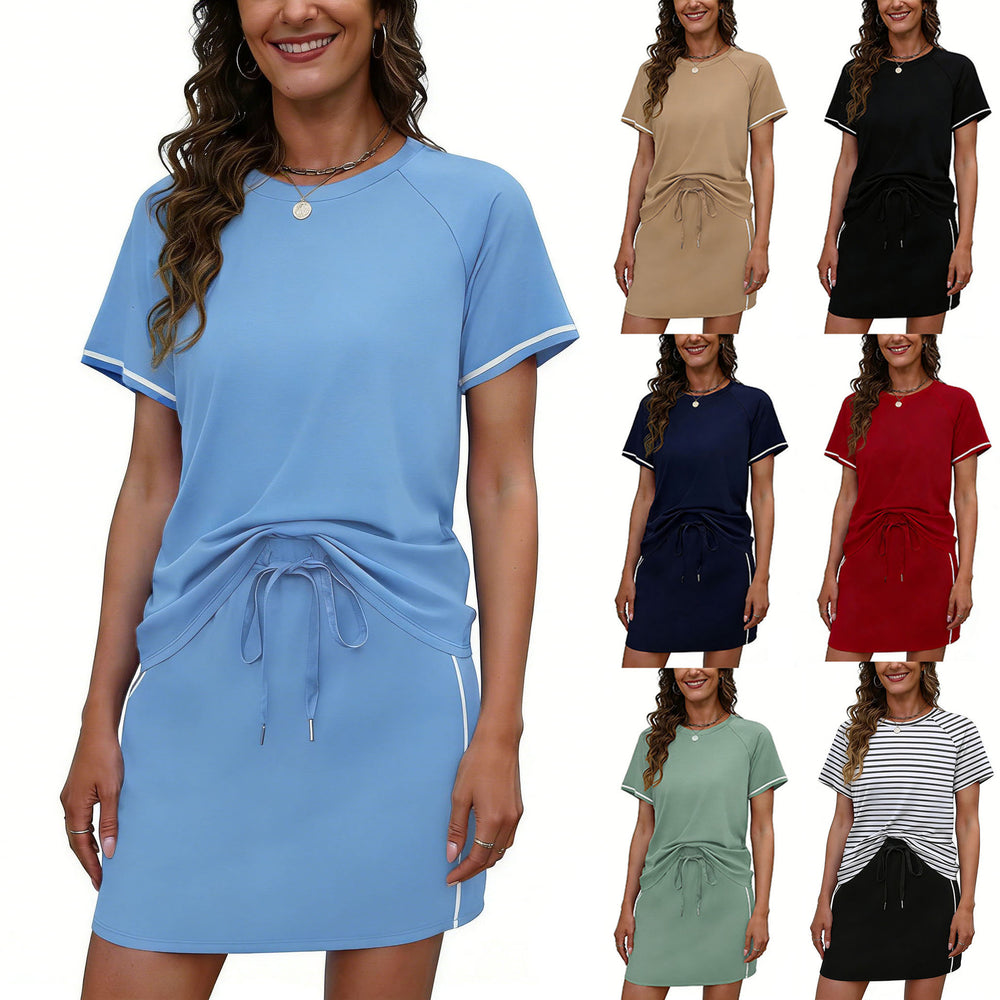 european and american cross-border women's round neck solid color raglan sleeve short sleeve drawstring mini skirt activewear set
