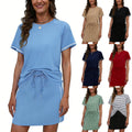 european and american cross-border women's round neck solid color raglan sleeve short sleeve drawstring mini skirt activewear set