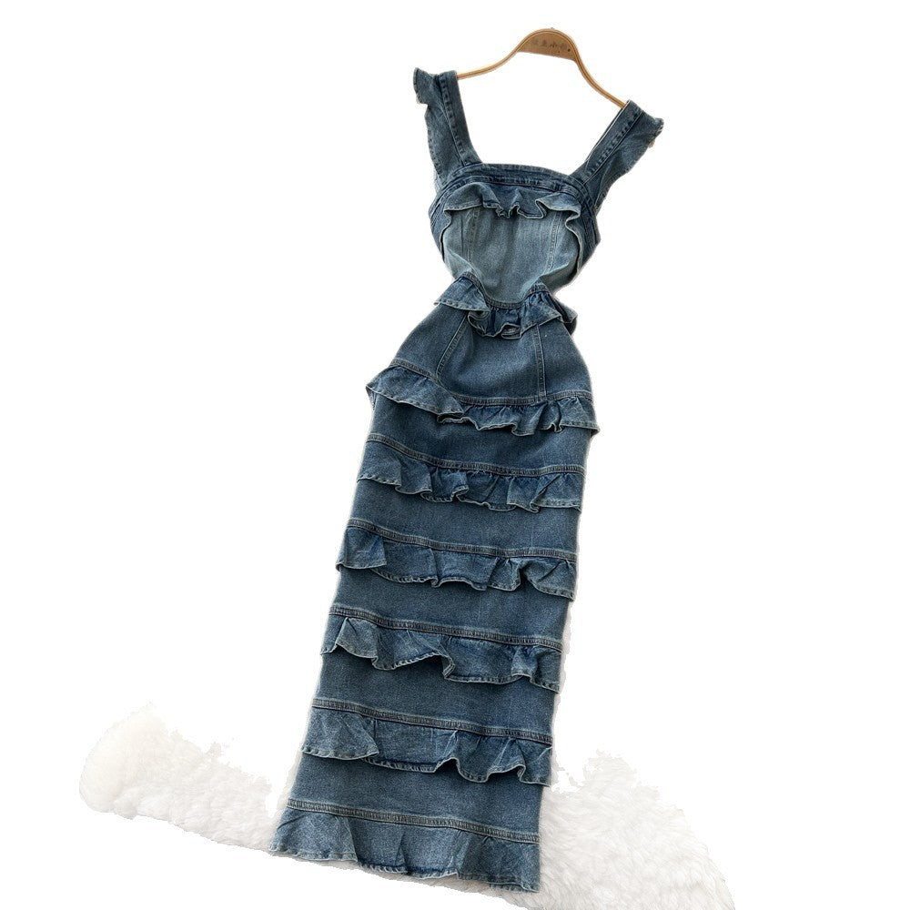 French romantic blue denim ruffle trim cami cake dress - women's summer square neck, slimming & chic