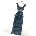 French romantic blue denim ruffle trim cami cake dress - women's summer square neck, slimming & chic