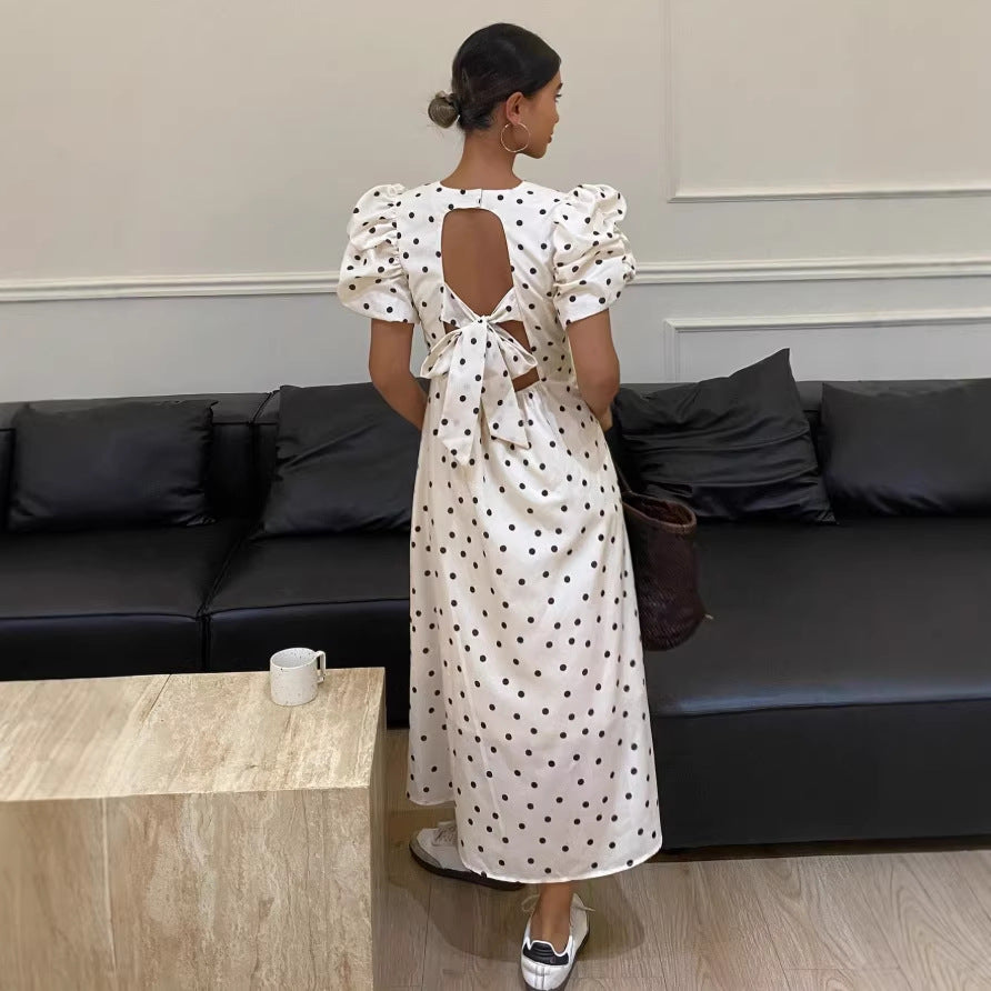French polka dot dress women's summer  new arrival draped niche design puff sleeve elegant slimming long dress