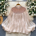 French style palace style heavy industry hot diamond mesh patchwork lantern sleeve streamer mesh shirt loose flesh-covering tops
