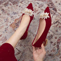Red xiuhe wedding shoes, beaded flower bridal shoes, non-tiring feet, classy chinese style, pregnant women, engagement and toast, high thick heels
