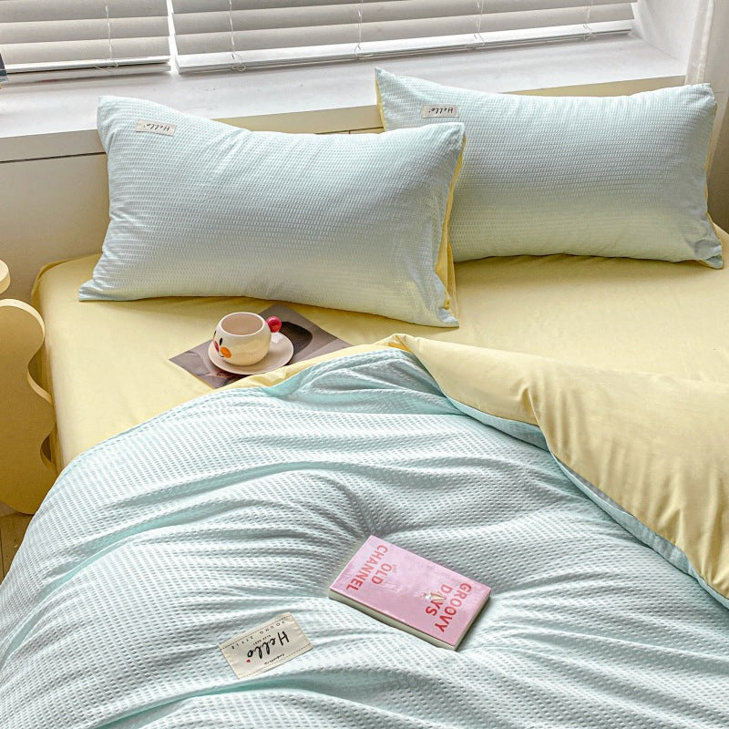 Solid color waffle four-piece wholesale ins polished bed sheet quilt cover Nantong quilt cover bed three-piece bed hat model