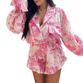 new women's summer collection: european & american cross-border style - fashionable casual printed flare sleeve shirt & shorts two-piece set