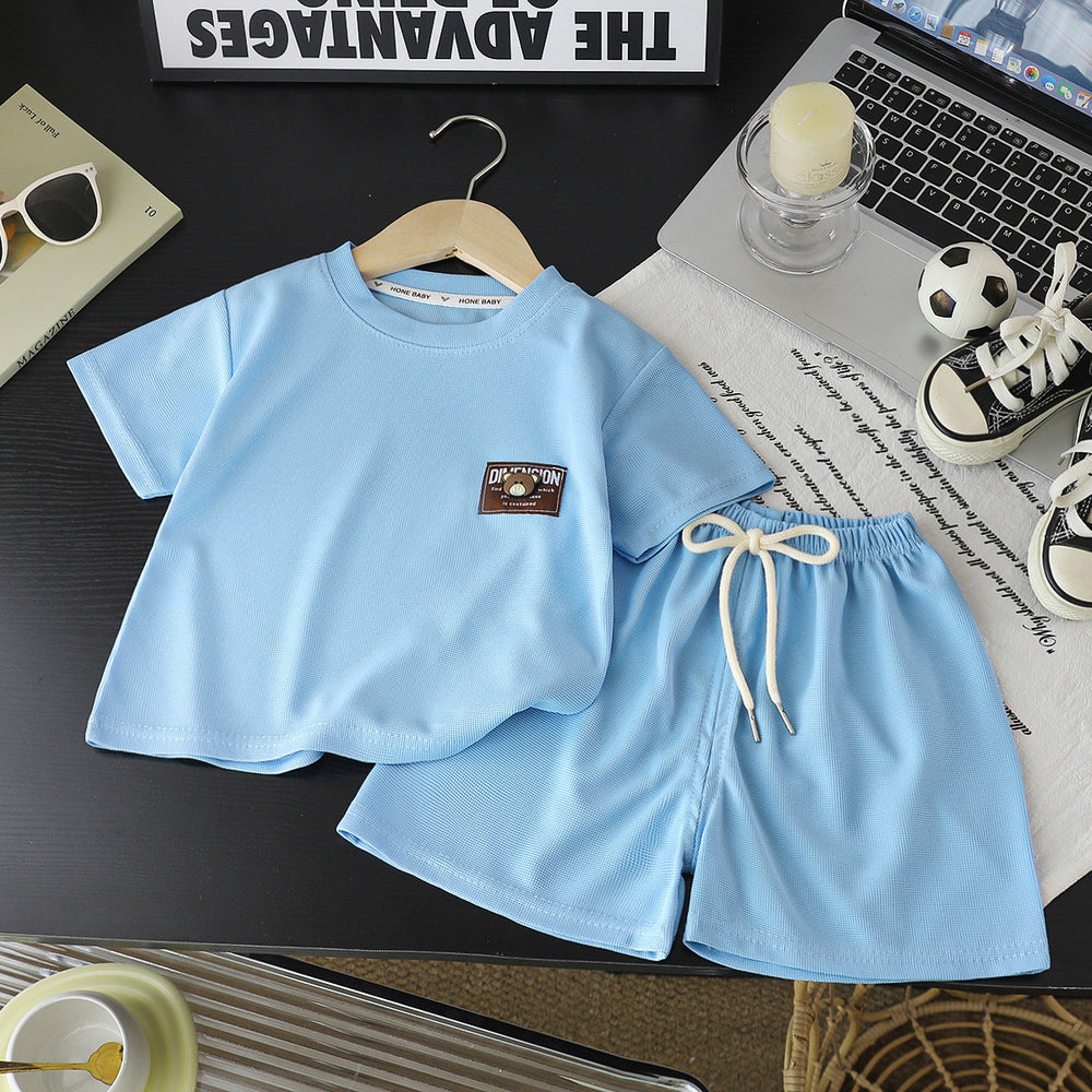 Summer kids' waffle knit short sleeve set: boys' casual activewear, girls' loose-fit t-shirt, wholesale baby clothes