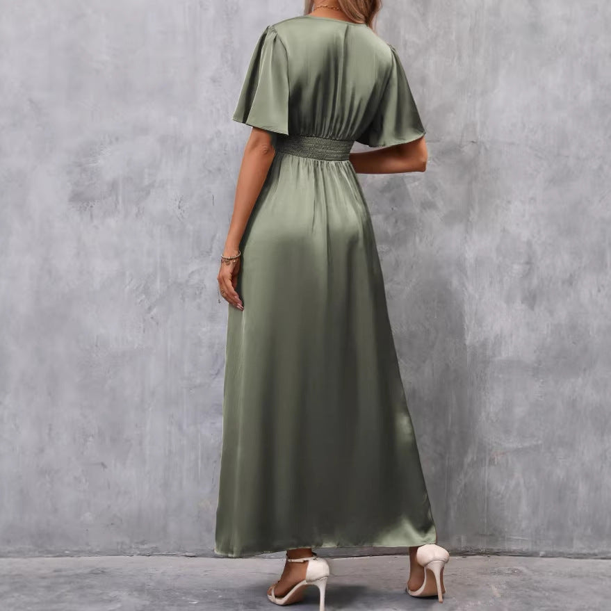 european and american cross-border summer new women's elegant twist knot slit dress